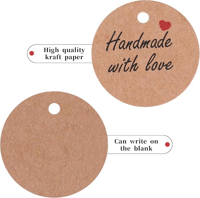 100Pcs Handmade with Love Tags Paper Hanging Tags with String 1.2” Round Brown Gift Labels with 66 ft String Personalized Handmade Tags for Crafts Candle Tins Wedding Birthday Party Favors