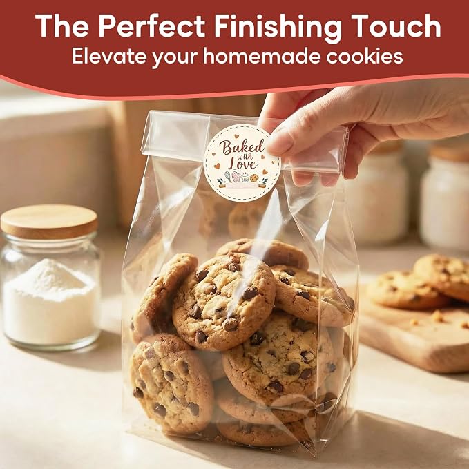 Baked with Love Stickers 120PCS 1.6 Inch Round Baking Labels for Cookies Cupcakes Dessert Table Treat Bags Gift Wrapping Birthday Party Candy Bags Homemade Packaging Small Business (Yellow)