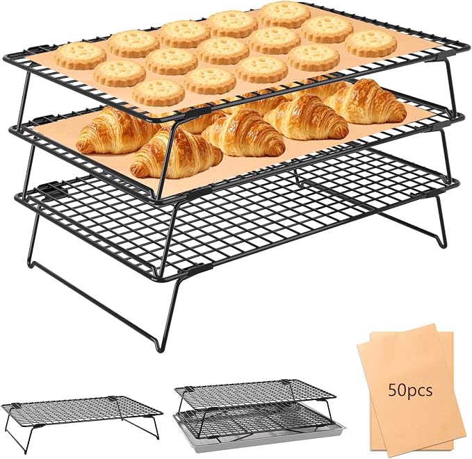 3Pcs Collapsible Cooling Rack for Cooking and Baking,13.4"x9.3" Wire Cookie Cooling Racks Baking Paper 50 Pcs,Bread Cooling Rack for Cooling for Cooking,Baking,Drying,Dishwasher Safe