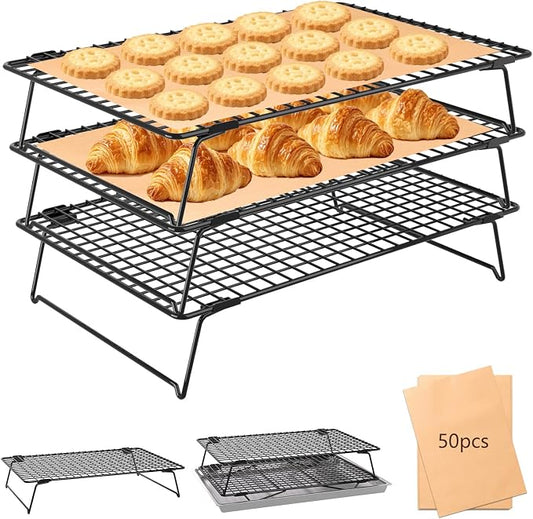 3Pcs Collapsible Cooling Rack for Cooking and Baking,13.4"x9.3" Wire Cookie Cooling Racks Baking Paper 50 Pcs,Bread Cooling Rack for Cooling for Cooking,Baking,Drying,Dishwasher Safe