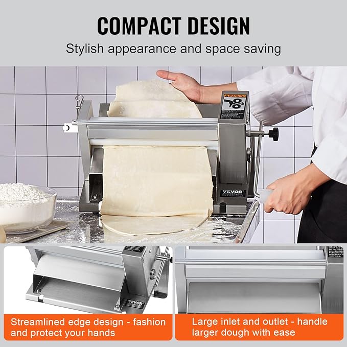 VEVOR Manual Dough Sheeter Machine, Puff Pastry Sheeter and Fondant Roller, Removable Handle, Panel, Roller for Easy Cleaning, Max 1/2 inch Adjustable Thickness, for Home or Small Commercial Kitchens