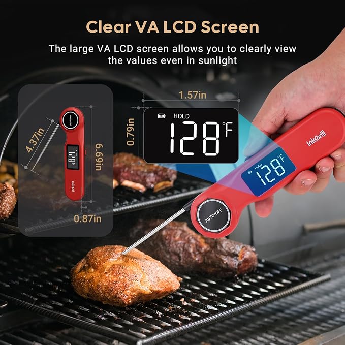 Rechargeable 0.5 Sec Reading Instant Read Meat Thermometer for Cooking, Digital Food Thermometer with High Precision Sensor, 1.42" Big Screen Waterproof Magnetic Meat Thermometer for Steak Fry Candy