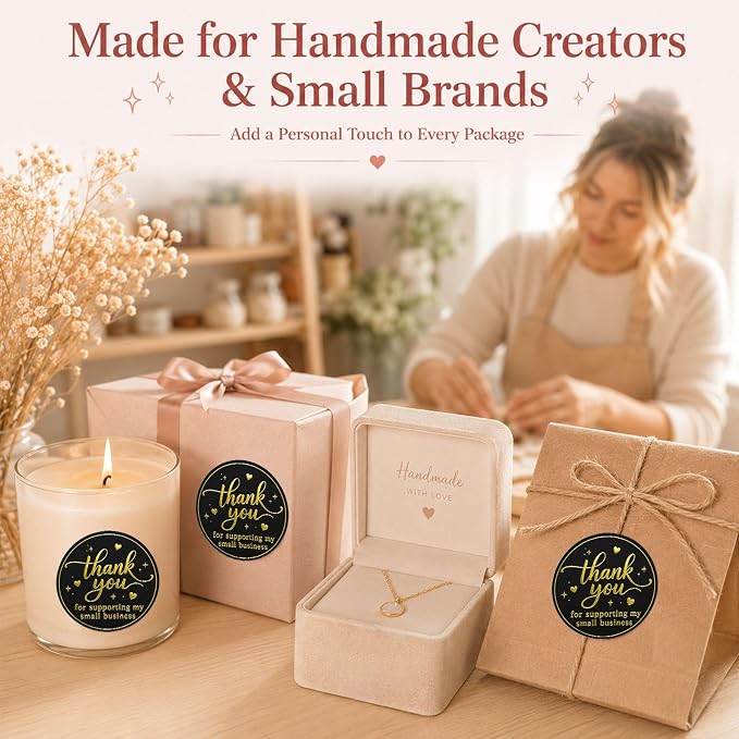 100PCS Thank You for Supporting My Small Business Stickers, Black Gold Foil Labels for Boutique Packaging, Bakery Boxes, Dessert Treat Bags, Shipping Mailers, Handmade Sellers & Small Shops.1.6 inch