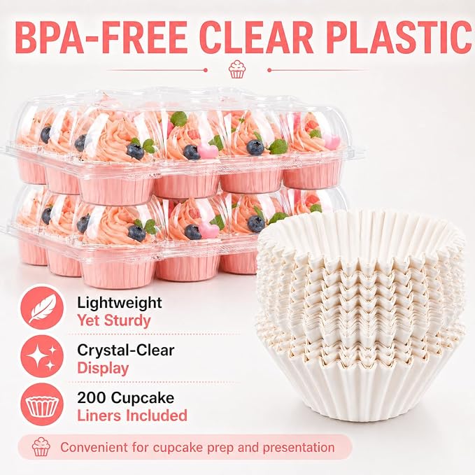 Cupcake Containers Holder - 12 Counts x 16 Sets Stackable Cupcake Boxes Carrier with 200 Pack Liners, Plastic Disposable Clear Cupcake Storage Tray with Detachable Dome Lid for Mini Individual Cake