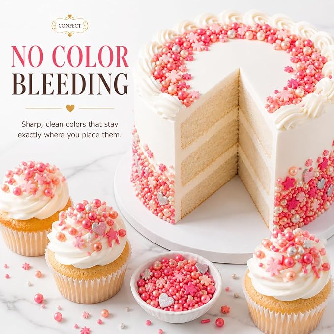 Confect Pretty in Pink, Gold & White Flower & Pearl Sprinkles Mix – Heart & Star Edible Sprinkles for Cakes, Cupcakes, Cookies – Valentine’s Day Baking Decorations – Pack of 5 - Vegan, Gluten-Free, Nut-Free, Soy-Free, Dairy-Free, Palm Oil-Free- 5 Oz