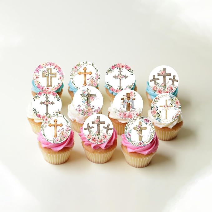 64 PCS Edible Floral Cross Cupcake Toppers Greenery Chapel of the Holy Cross Cupcake Picks Edible God Bless Christian Baptism Cake Decorations for First Communion Baby Shower Birthday Party Supplies