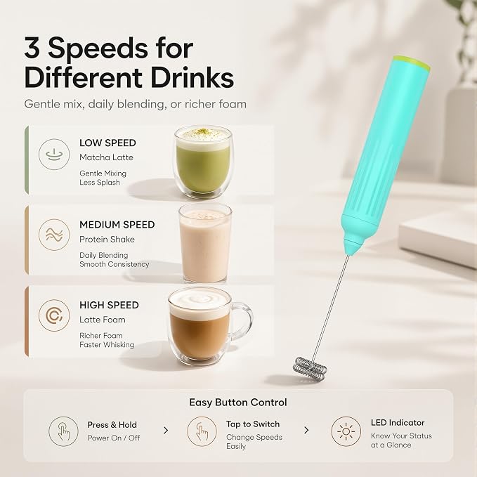 Milk Frother Handheld with 3 Stainless Steel Whisks, Rechargeable Electric Drink Mixer with Stand & Travel Case, Milk Foamer for Coffee, Latte, Cappuccino, Hot Chocolate, Egg,Jam Supplement-Mint
