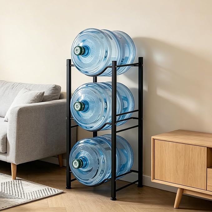 5 Gallon Water Jug Holder 3 Tier Water Bottle Storage Rack Organizer Heavy Duty Metal Water Dispenser Stand for Kitchen Office Garage Black