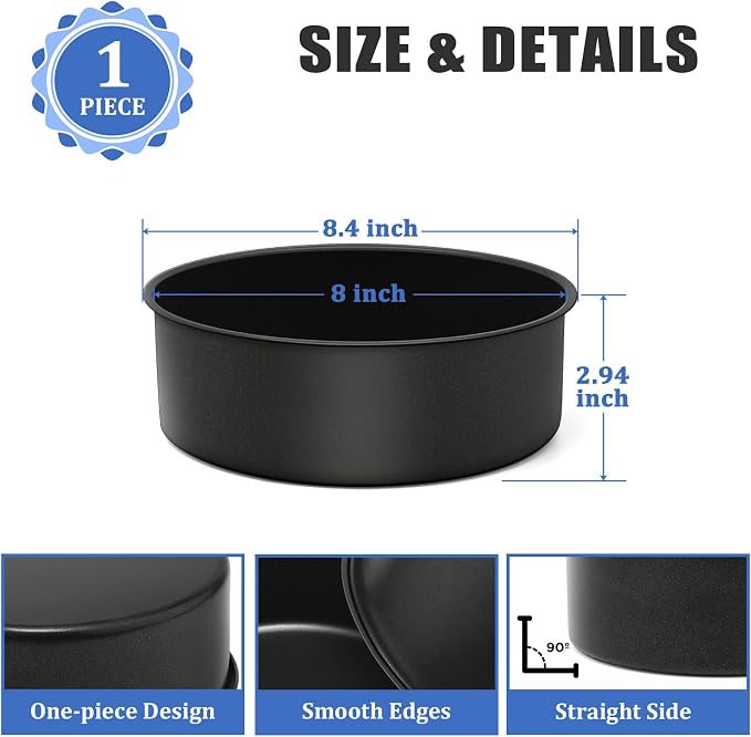 P&P CHEF 8 Inch Cake Pan, Nonstick Round Baking Layer Cake Pans Tins Set for Birthday Wedding, 2.94-Inch Deep Side & One-piece Design, Stainless Steel Core & Easy Clean, Black