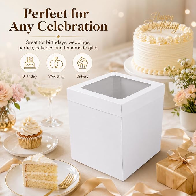 JCD White 10x10x12 Corrugated Tall Cake Boxes for 8in Multi-Layer Cakes | Thick corrugated boxes anti-collapse for long-distance delivery; 12in ultra height fits large cake toppers & flower decor