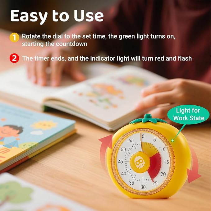 Magnetic Visual Timer, 60-Minute Countdown for Kitchen Classroom Homework | 4-Color Zone Dial with Cute Design, Kids Timer with Pomodoro Mode Time Management Tool for ADHD, Cooking & Baking