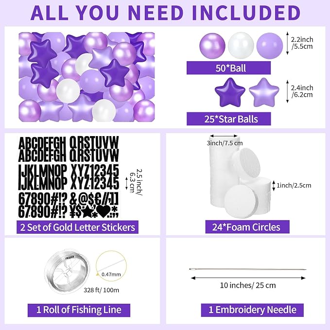 Simgoing 103 Pcs DIY Giant Friendship Bracelet Lei Kit Extra Large Beads Garland Jumbo Birthday Friendship Banner Kit Famous Singer Customizable Party Decor for Classroom(Purple White)