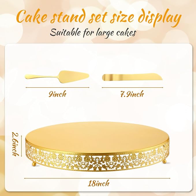 Wenqik 18 Inch Gold Cake Stand Set Metal Round Cupcake Dessert Stand with Cake Cutting, Flower Spatula Wedding Cupcake Pastry Display Candy Holder Display for Wedding Party Birthday Baby Shower