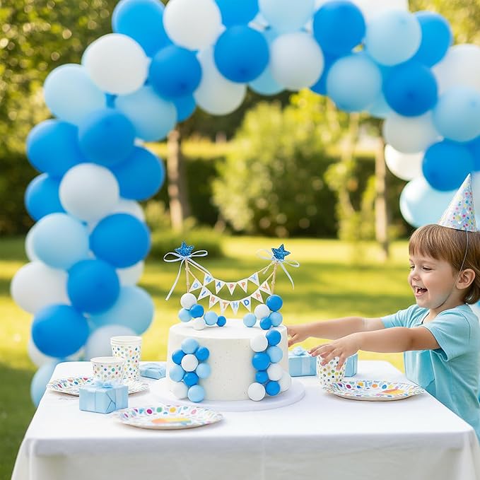 16 Pcs Happy Birthday Cake Topper Cake Bunting Topper Banner with Wood Pole Rainbow Garland with Bow Ribbon Balloon, Mini Cupcake Decor for Birthday Baby Shower (White,Light Blue,Dark Blue)