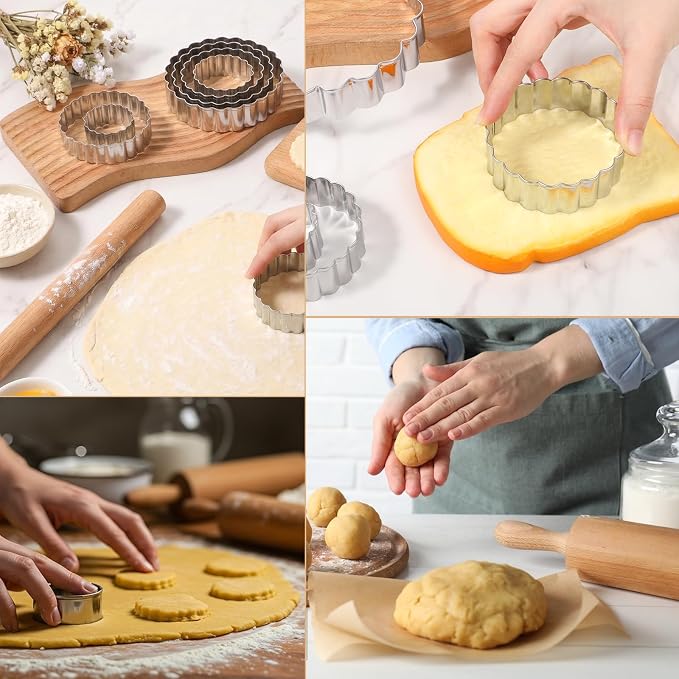 Fluted Round Cookie Cutter Set, Circle Shaped Geometric Circle Cookie Cutte, Stainless Steel, 5 Inch, 4 Inch, 3 Inch, 2 Inch, Large Donut Cutter Ring Scalloped Edger for Kitchen Baking