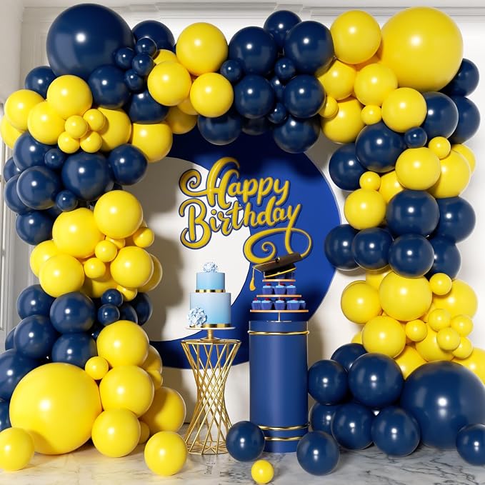 144Pcs Blue and Yellow Balloons Garland Arch Kit - 18 12 10 5 inch Navy Blue and Yellow Latex Party Balloons for Birthday Anniversary Baby Shower New Year 2026 Graduation Party Decorations
