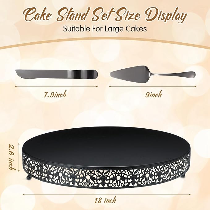 Wenqik 18 Inch Black Cake Stand Set Metal Round Cupcake Dessert Stand with Cake Cutting, Spatula Wedding Cupcake Pastry Display Candy Holder Display for Wedding Party Birthday Baby Shower(Classic)