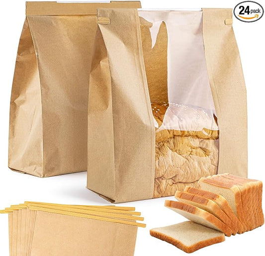 MAQIHAN 24 Bread Bags with Reusable Ties - Homemade Sourdough Bread Storage Bags Brown Paper Bagel Loaf Bakery Bags with Window Toast Bags with Resealable Ties Disposable Baked Goods Sale Packaging
