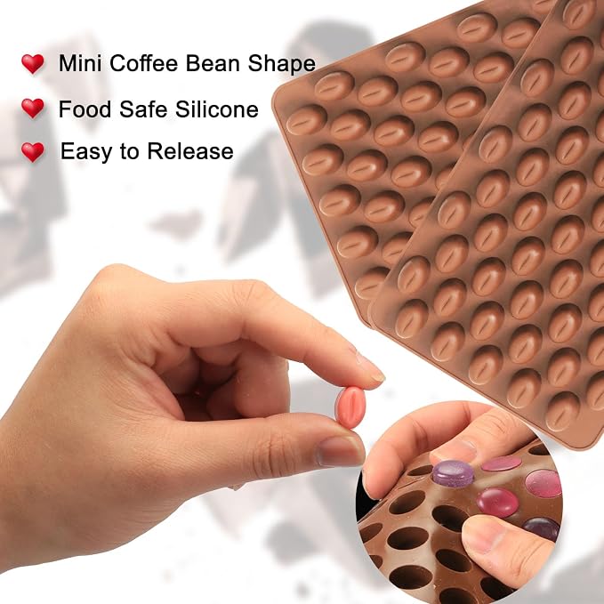 Mini Coffee Bean Molds, 55 Cavities Silicone Chocolate Mold with Coffee Bean Shape, Food Grade Mini Silicone Mold for Homemade Sugar Free Chocolate Chips/Snacks/Cake Décor, 2 PCS