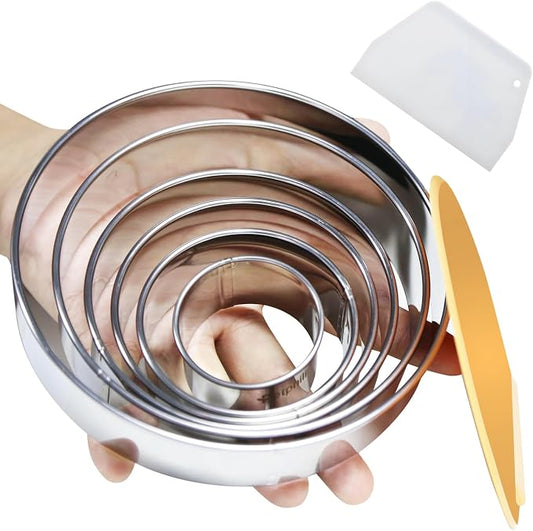 8pc Round & Circle Cookie Cutter Set with 2 Scrapers - 6 Stainless Steel Biscuit Cutters (2"-6", 1.18" Deep) - Includes 6" Bench Scraper & Silicone Bowl Scraper - Tools for Pastry, Donuts & Scones