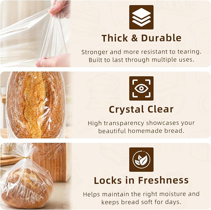 Homrelaxy 75Pcs Plastic Bread Bags for Homemade Bread and 90 Ties, 18 x 8 x 4 Inch Reusable Clear Loaf Bags, Adjustable, Perfect for Home Bakers and Bakeries
