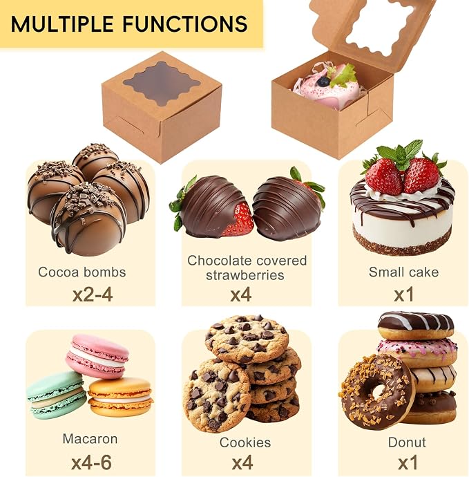 TOMNK 150pcs 4x4x2.5 Inch Cookie Boxes with Window, Small Pastry Boxes, Small Bakery Boxes for Cake, Treats, Donuts, Candy (Brown)