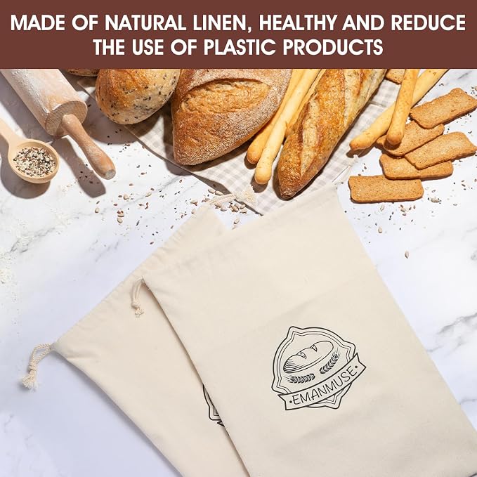 2 Pack Linen Bread Bags for Sourdough, Homemade Bread, TPU Lined | 2 pack linen bread bags with TPU lining, 12 x 17.5 in, for sourdough, loaves, rolls, bagels, reusable