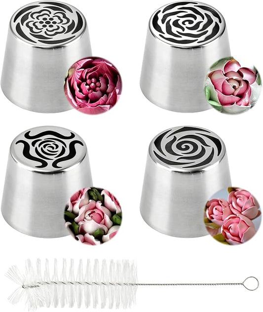 4 Pcs Large Russian Piping Tips Set, Frosting Nozzles Cream Icing Tips for Making & DIY Dessert Cookie Cake, 4 Floral Pattern Cake Decorating Supplies, Clean Brush Included