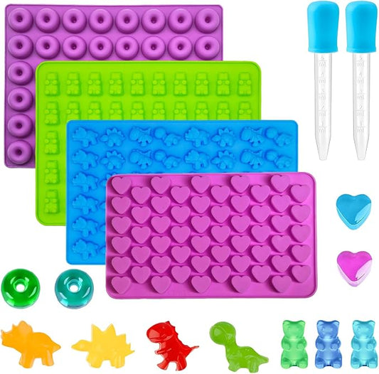 4Pcs Gummy Candy Molds - Silicone Gummy Dinosaur/Bear/Donut/Small Hearts Shapes/Snack Mold with 2pcs Dropper,Non-stick and Bpa Free for Mini Candy Chocolate Gummies Baking