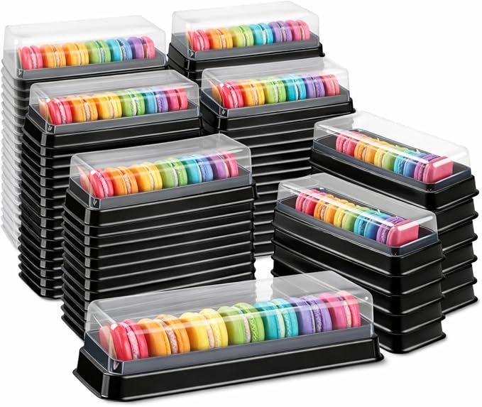 Remerry 200 Pcs Macaron Boxes with Clear Lids Bulk Macaroon Container Macaroon Packaging Boxes with 6 Grid Christmas Party Favors for Baby shower Wedding Bakery, 7.6 x 2.8 x 1.9 Inches
