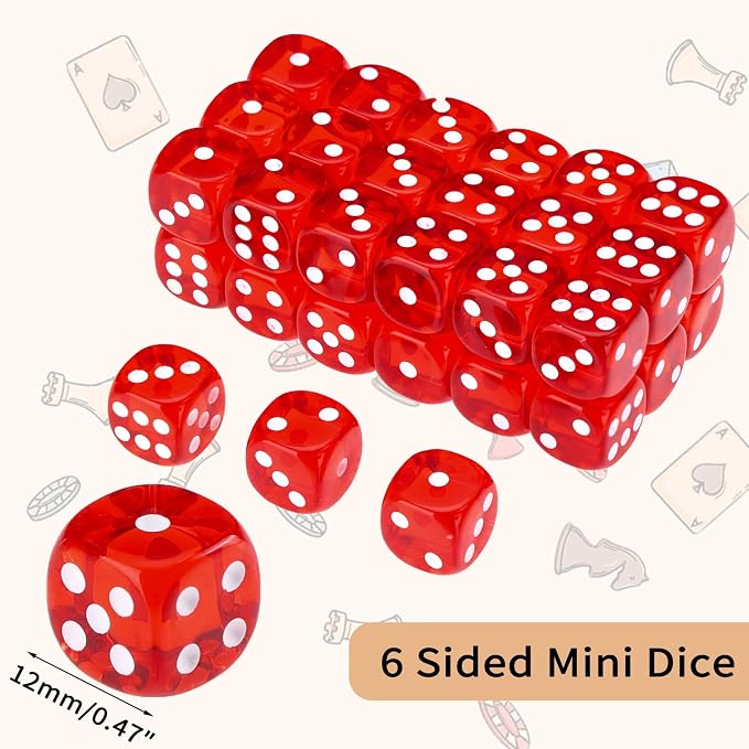36 of Pack 12MM 6 Sided MINI Dice Set,Translucent Colors Game Dice Set, 6 Sided Standard Colored Dices for Tenzi, Farkle, Yahtzee, Bunco or Teaching Math, with Portable Plastic Box(Red)