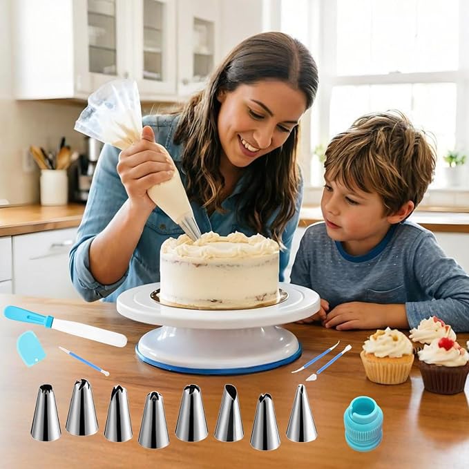 Cake Decorating Kit, 248 Pcs Baking Supplies (Blue) | Cake Turntable, Leveler, 24 Numbered Icing Tips, 2 Spatulas, 3 Scrapers, 50 Cupcake Liners, 100 Pastry Bags & More