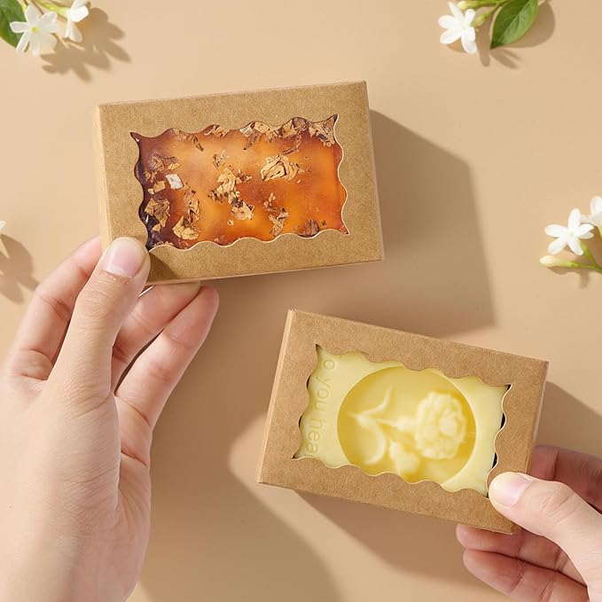 JCXGRVC 100PCS 3.5"x2.36"x1.2" Brown Soap Boxes with Window Homemade Soap Packaging, Small Gift Boxes for Bakery, Macarons, Cookies, Candies & Party Favors