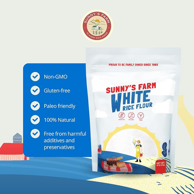 Sunny's Farm White Rice Flour – Premium Thai Rice Flour, Gluten-Free, Superfine Quality for Baking, Cooking, and Sourdough – 16oz (Pack of 4)