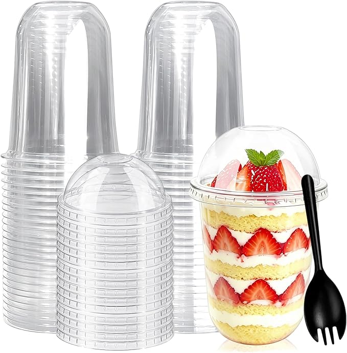 Jnnzzggu 50 Pack 16 oz Plastic Dessert Cups with Dome Lids | Clear No Hole, Includes Sporks, Disposable, For Pudding Parfait Fruit Cake