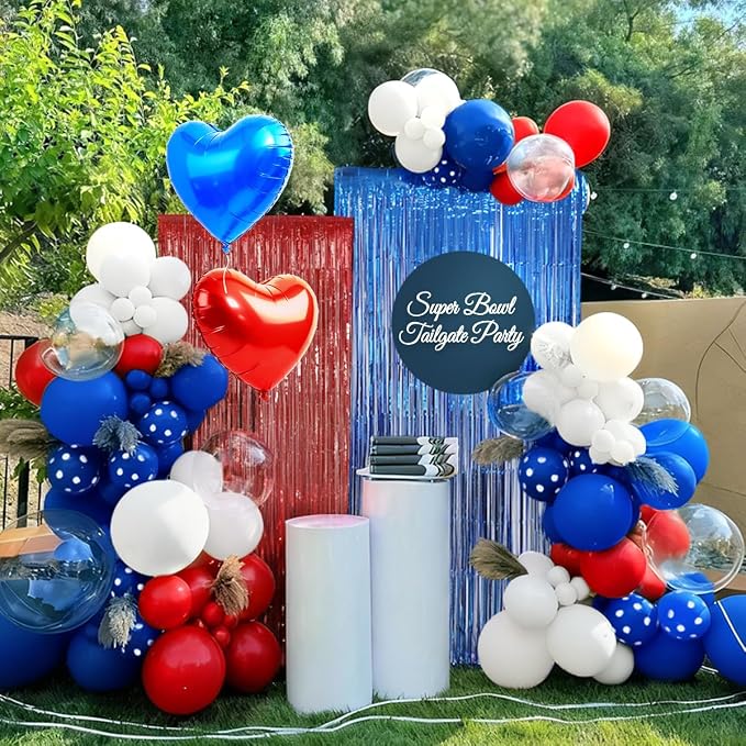 157Pcs Red White and Blue Balloons Garland Arch Kit with Fringe Curtain for 4th of July Memorial Veterans Day Patriotic Graduation Birthday Wedding Nautical Baseball Theme Party Decorations