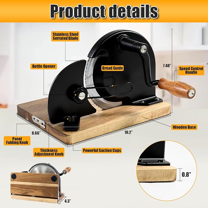 Manual Bread Slicer,Multi-Functional Foldable Hand-Cranked Bread Slicer with Steel Guard Plate and Non-Slip Base Pad Features Adjustable Thickness with Scale Lines for Even slicing Homemade(Black)