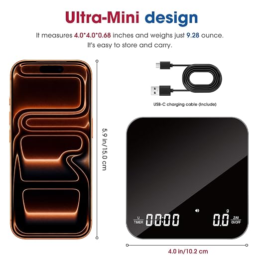 Mik-Nana Mini Coffee Scale with Timer, 2kg/0.1g Rechargeable Espresso Scale | Digital Kitchen Scale for Espresso and Pour-Over Coffee, 4 Brew Modes
