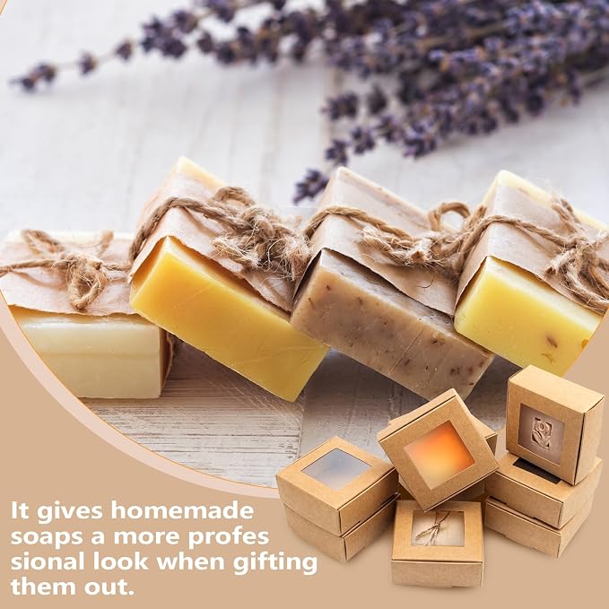 QUYLIXX 100 Pcs Soap Packaging Boxes with Window Mini Kraft Paper Boxes Bulk Treat Favor Boxes Rectangle Gift Soap Boxes for Homemade Soap Making Cookies Candy Prese