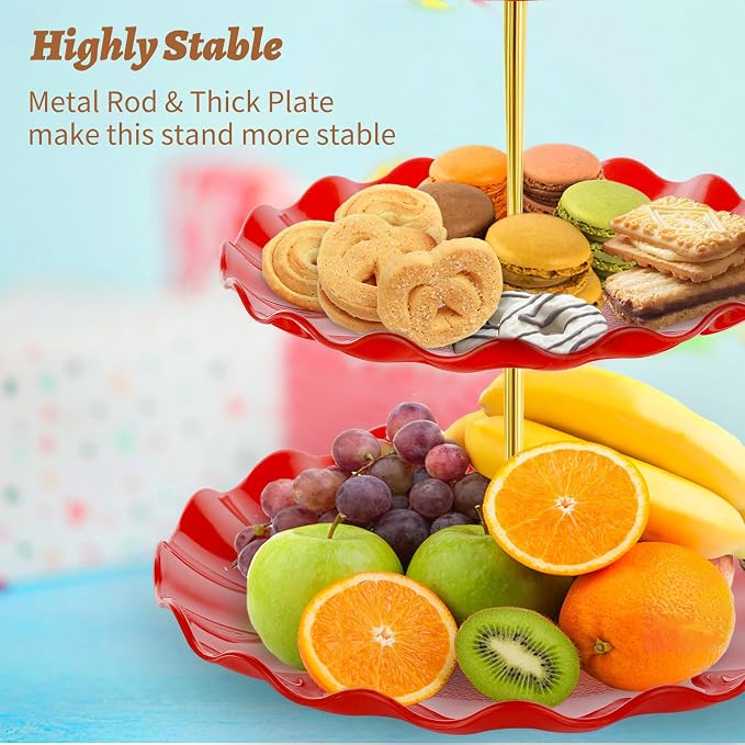 BACUTHY 3 Tier Cupcake Stand Holder, Plastic Cup Cake Stand Tower with Tiered Serving Tray for Cupcakes, Donuts, Fruits and More, Red