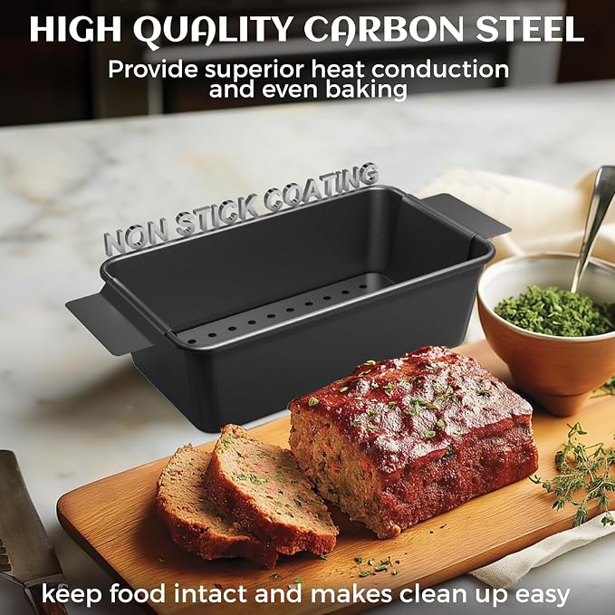 TLAZZ 2 Pack Meatloaf Pan with Drain Tray, Non Stick Meat Loaf Pan with Drip Tray, 9.4 x 5.5 Inch Loaf Pan for Baking Bread and Meatloaf