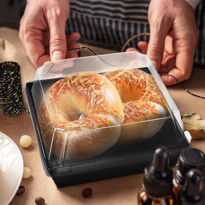 Jetec 150 Pack Charcuterie Boxes with Clear Lids and Rope 4 Inches Cake Disposable Square Dessert Food Box Containers with Lids for Bakery Macaron Cookies Strawberries Fruits Display (Black)