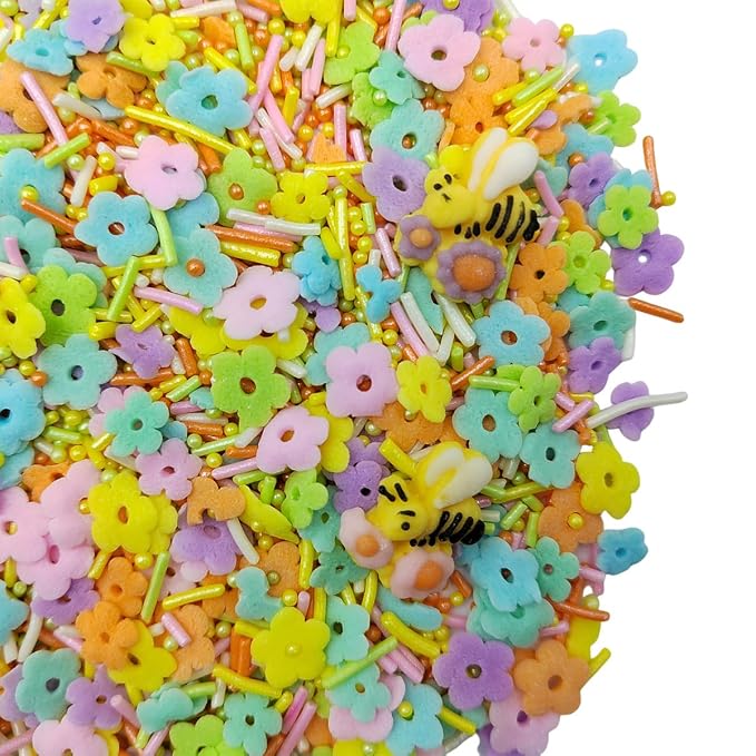 Edible Flower Sprinkles, Spring Colorful Sprinkles for Cake Decorating, Easter Sprinkle with Bees jimmies Pearls for Baking Cookie, Cupcake Toppers, Ice Cream Topping, and Birthday Decorations