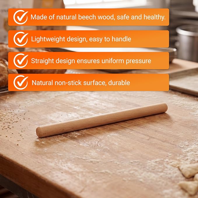 Gisafai 2 Pack Thin Rolling Pins Extra Long 3/4-inch Diameter Wooden Baking Dough Rolling Pins 19.69 In/ 50 cm Long Handmade for Large Baking, Tortilla, Bread, Nut Tart, Pizza