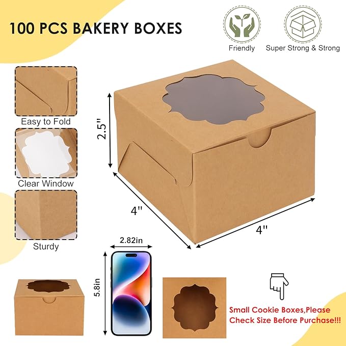 TOMNK 100pcs 4x4x2.5 Small Cookie Boxes, Mini Dessert Boxes with Window for Cupcakes, Macarons, Chocolate,Strawberries, Muffins(Kraft Paper)