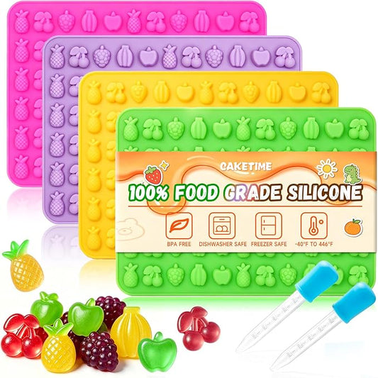 Fruit Snack Molds, 4pcs Gummy Molds Silicone Chocolate Candy Molds With 2pcs Dropper, Including Mini Pineapple, Banana, Cherry, Apple, Grape Shape