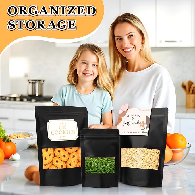 Smell Proof Bag, 100 Pack Sealed Bags for Small Business, Food Storage Bags with Window,Dog Treat Bag, Bakery Bags, Candy Packaging, Resealable Paper Stand Up Pouch