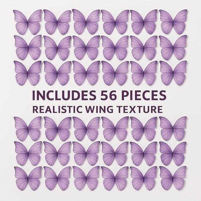 Confect Edible Wafer Paper Butterflies Set of 56 – Colorful Purple Butterfly Cake Decorations, Cupcake Toppers for Birthday, Wedding, Party – Edible Butterfly Toppers