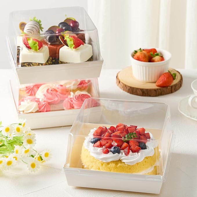 Kucoele Cake Boxes with Clear Lids, 7 x 7 x 4 Inches, 20 Pack, White | Disposable, Paper, Square Charcuterie Boxes, To Go Food Containers, For 4-6 Inch Cake, Jumbo Cupcakes, Bakeries