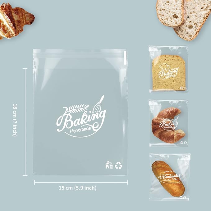 200pcs 6 x 7 Inch Baking Patterns Self Adhesive Packaging Bags, Clear Plastic Self Sealing Cellophane OPP Resalable Treat Bags for Bakery, Cookies, Homemade Bread Daily Use